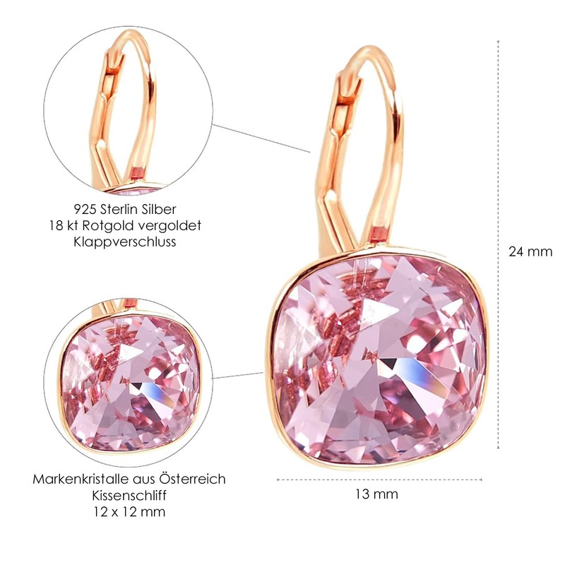 Nobel Schmuck Earrings Rose Gold 925 Sterling Silver Crystals Cushion