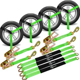 Trekassy 2”x 144” Car Tie Down Straps for Trailers with Snap Hooks, 10,000lbs Break Strength, (4) Car Hauler Straps with Ratchets, (4) Axle Straps- Used for Car, Truck, UTV Transport