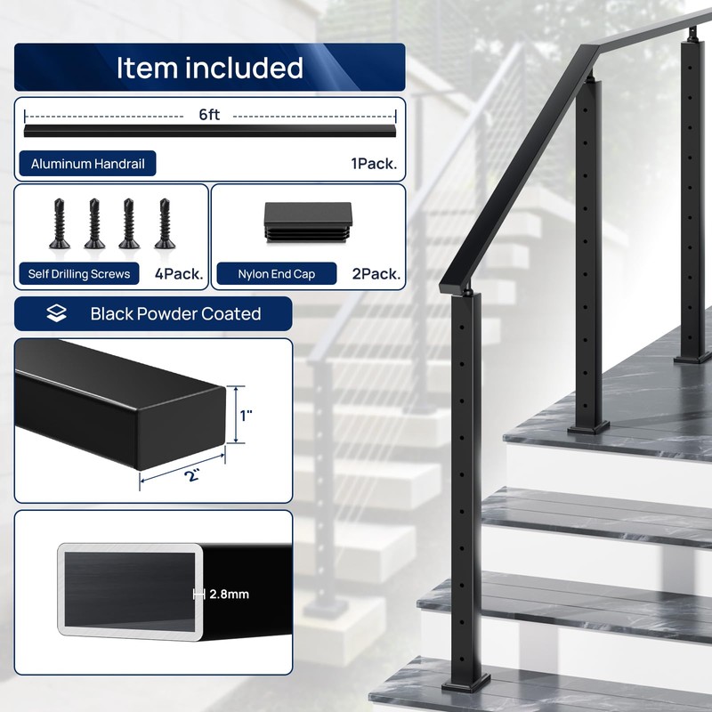 1 Pack 6FTx 2"x1" Aluminum Black Handrail with Self Drilling