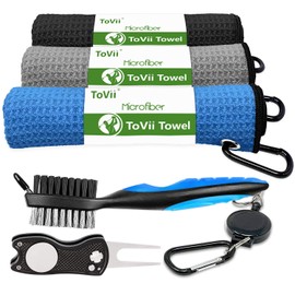 ToVii Golf Towel Microfiber Waffle Pattern Golf Towel | Brush Tool Kit with Club Groove Cleaner | Golf Divot Tool | Golf Accessories for Men