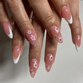 24Pcs Flower Press on Nails Almond French Tip Fake Nails with Peach Blossom Designs Pink Flowers Glue on Nails Medium False Nails Kit Full Cover Floral Acrylic Nail Decoration for Women