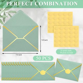 50 Pcs A7 5 x 7 Card Envelopes and 50 Pcs Gold Embossed Wax Seal Envelopes Self Adhesive V Flap Mailer with Gold Border for Graduation Invitation Wedding Greeting(Sage Green)