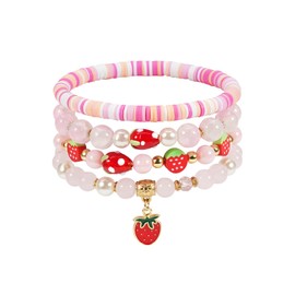 Briutn Strawberry Charm Bracelet Set Pink Heishi Beaded Bracelets Summer Stack Jewelry