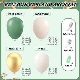 412Pcs Sage Green White Sand Gold Balloons Garland Arch Kit,18 12 10 5 Inch Different Sizes Balloons for Baby Shower Wedding Birthday Gender Reveal Party Decoration