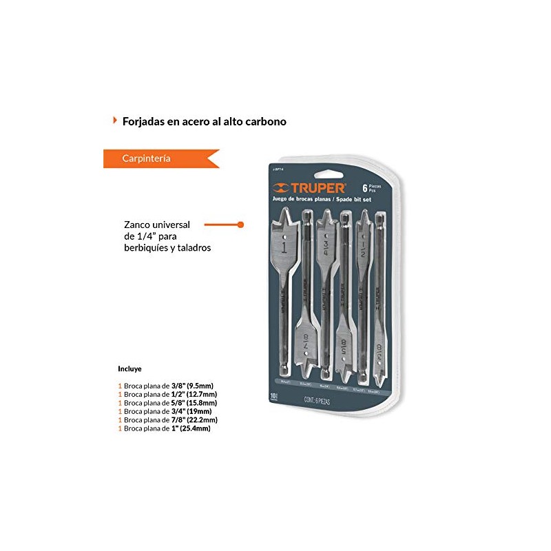 Truper J-BPT-6, Juego de brocas planas de manita, 6 piezas