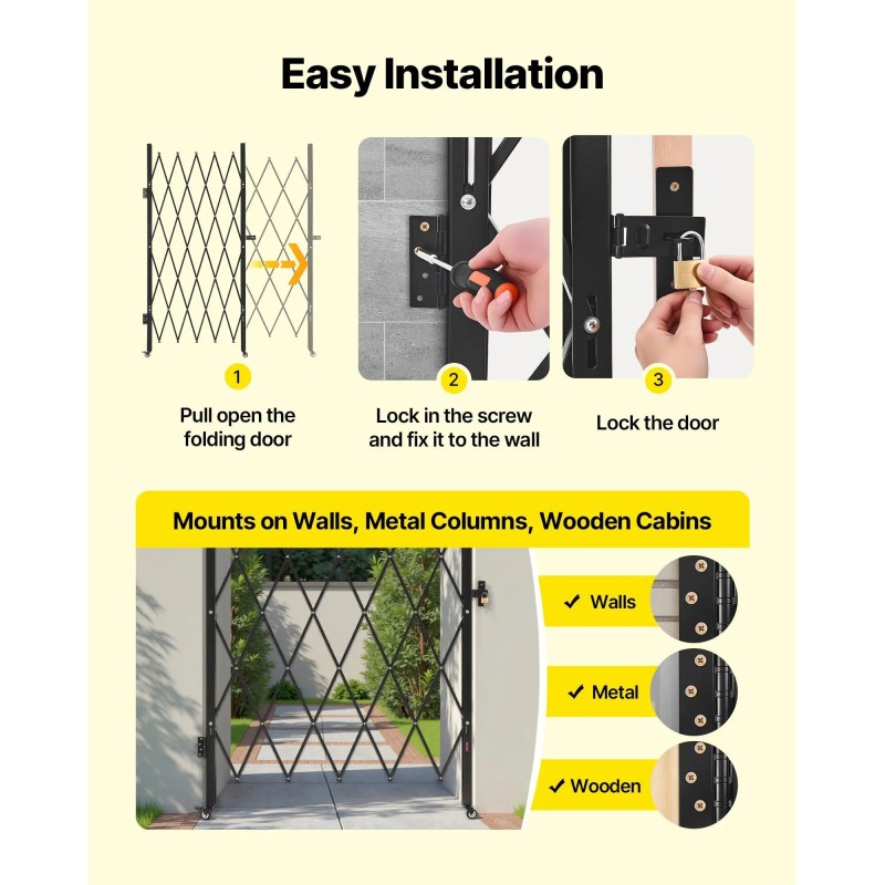 Single Folding Security Door Lockable Scissor Gate 360 Degrees Swivel