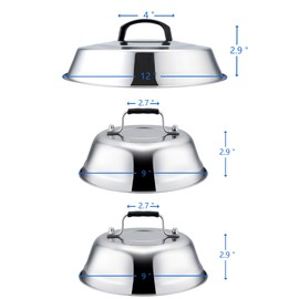 Metal Melting Dome Set of 3, Leonyo 12" & 9" Stainless Steel Basting Cover for Griddle Grill Top BBQ Flat Top, Steam Cover for Kitchen Cooking Burger Cheese