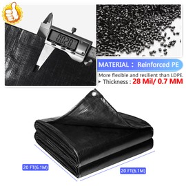 Reinforced PE Pond Liner 20 x 20 FT, 28 Mil Sun Resistant Preformed Pond Liner, Hemmed Edge with Buttonholes Liner for Outdoor Large Ponds, Fish/KOI/Duck Pond, Garden Waterfall, Waterscape, Black