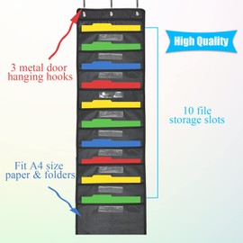 Sutekus Hanging Wall File Organizer with 10 Nametag Pockets Black Wall Storage Pocket Chart with 3 Overdoor Hangers for Files Folder Magazines Paper