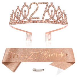 Roségold 27th Geburtstags Krone und Schärpe Mädchen 27. Geburtstag Deko Strass Geburtstag Tiara Prinzessin Krone Queen Tiara Geburtstagsschärpe Girls 27 Geburtstag Dekoration Party Kleidung Zubehör