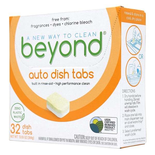 Beyond Natural Dishwasher Tablets [32 tablets] - Fragrance & Dye Free - Plastic Free Packaging - Certified Biobased. Powerful. Plant-Based Ingredients