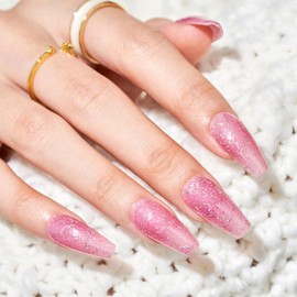 Press on Nails Medium,Glossy Pink Sparkle Coffin False Nail Tips Kits with Mini Nail File, Supremely Fit & Natural Fake Nail with Nail Glue in 12 Sizes -24PCS Nail Kit