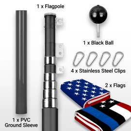 G128 25 Ft Telescoping Flagpole Black & USA and Blue Lives Matter Flags Spun 3x5 Ft
