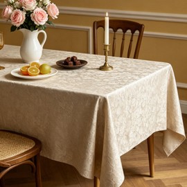 Woven Floral Jacquard Tablecloth 60 x 84 Inches Warm Taupe