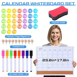 Lincia 41 Pcs Dry Erase Calendar Whiteboard for Wall, 23.6" X17.8" Magnetic Monthly White Board Wall Hanging Wood Frame with Marker & Eraser & Magnetic Numbers for Home Office Kitchen School Planner