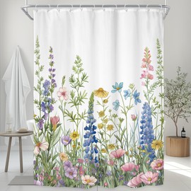 Riyidecor Narrow Stall Small Shower Curtain for Bathroom Decor 54Wx78H Wildflower Floral Spring Flowers Watercolor Botanical Plants Art Printed Fabric Polyester Waterproof 12 Pack Plastic Hooks
