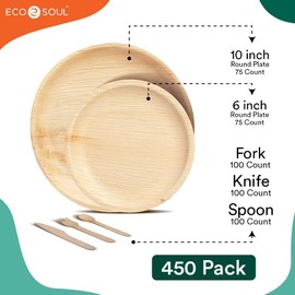 ECO SOUL 100% Compostable Palm Leaf Dinnerware Set [10", 6" Round plates 75 Count each | Fork, Knife, Spoon, 100 Count each] | Biodegradable Disposable Utensils for Wedding, Parties, BBQ