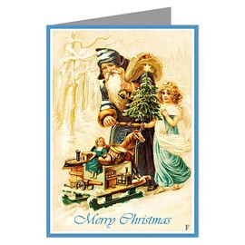 Twelve 3.5x5 Vintage Holiday Note Cards In A Boxed Set Of Traditionl Saint Nick As Santa With An Angel Delivering Toys