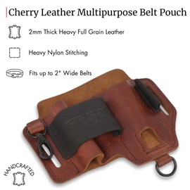 FESA Leather Multitool Sheath for Belt - Full Grain Leather EDC Pouch Organizer for Tactical Pocket Knife, Flashlight & Pen - w/Snap Hook - Work & Everyday Use Utility EDC Belt Pouch for Men (Cherry)