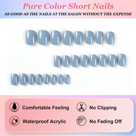 Ceboic 24Pcs French False Nails Short Square Press on Nails Glossy Light BluePure Color Full Cover Stick on Nails Acrylic Glue on Nails Natural Fake Nails for Women and Girls Manicure Art Decorations