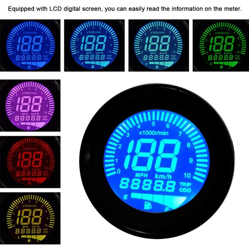 Akozon Tachometer Motorcycle LCD Meter Tachometer Gauge Odometer Speedometer 0-199km/h