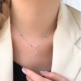 Inateannal Cubic Zirconia Cross Necklace Rhinestone Cross Pendant Necklace Silver CZ Cross Chain Necklace Blue Crystal Choker Necklace Jewellery for Women and Girls, Zinc, No Gemstone