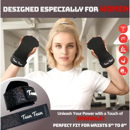 Teun Teun Glitter Weightlifting Wrist Straps for Women – Sparkle Leather Gym Straps for Deadlifts, Workout Lifting Grips with Neoprene Padded Wrist Support (Black)