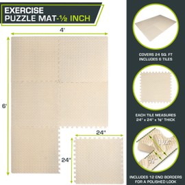 ProsourceFit Exercise Puzzle Mat ½ inch, 24 SQ FT, 6 Tiles, EVA Foam Interlocking Tiles Protective and Cushion Flooring for Gym Equipment, Exercise and Play Area, Beige