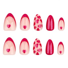 SINHOT Valentine's Day Press-On Nails - Medium Almond & Stiletto Glossy Acrylic, Red Love Heart & French Tip Design, 24Pcs Fake Nails with Nail Glue