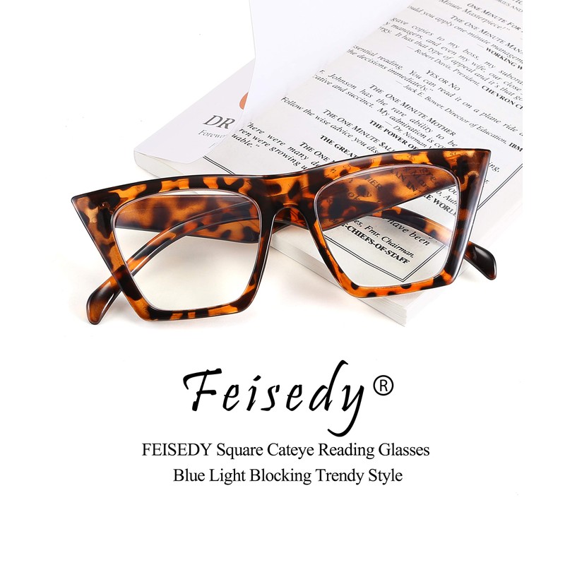 FEISEDY Square Cat Eye Reading Glasses Blue Light Blocking Women
