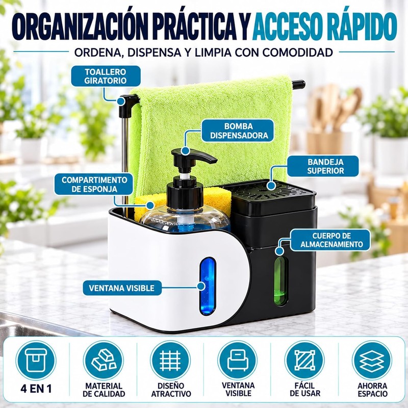 Dispensador de Jabón para Cocina 4 en 1 con Soporte
