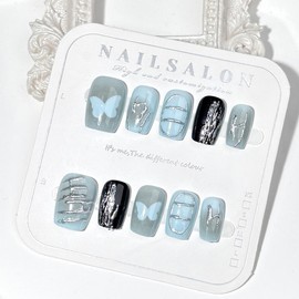 30Pcs Blue Butterfly Press on Nails Short Square Fake Nails with Silver Chrome Design Y2k Stick on Nails Full Cover Handmade Glue on Nails Shine Acrylic Nails Reusable Artificial False Nails for Women