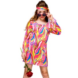 DSplay Kid's Girl 70's 80's Flower Hippie Disco Groovy Costume (4-6Y)