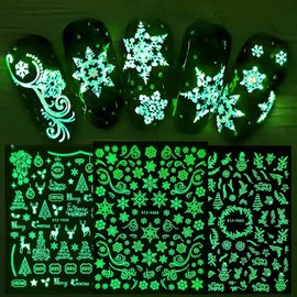 LANODO 9 Pcs Christmas Nail Stickers 3D Paste Snow Flowers Reindeer Pattern Nail Art DIY Accessory Female Long Model Beautiful Nail Sticker (Color: Night Light/Luminous)