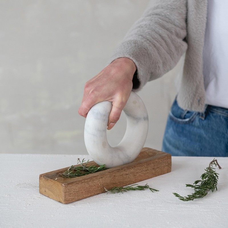 Creative Co-Op Mango Wood Mortar with Marble Ring Shaped Pestle,