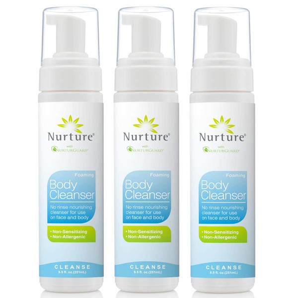 Rinse Free No Shower Body Wash by Nurture Valley | Full Body Waterless Cleansing Foam That Also Moisturizes, and Protects Skin - Wipe Away Cleanser - 3 Bottles