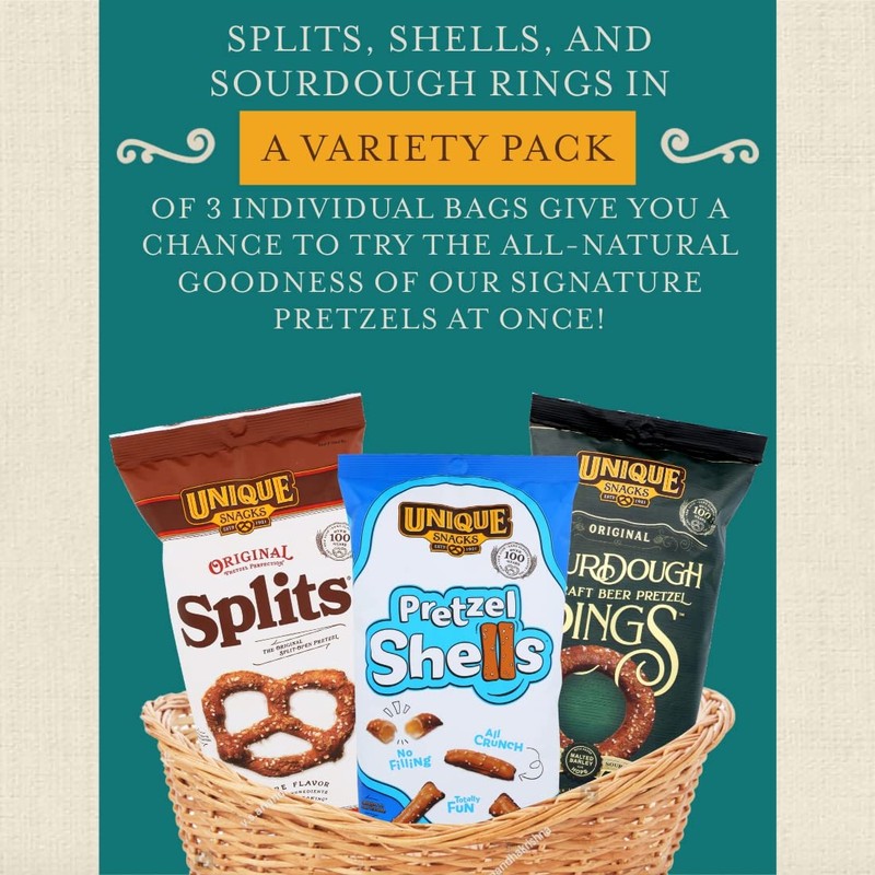 Unique Snacks Variety Pack with Original Splits Pretzels, Shells, and