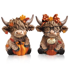 Karenhi 2 Pcs Highland Cow Figurines Autumn Pumpkin Maple Highland Cow Gnomes Leaf Scottish Resin Statue Calf Lovers Gifts for Fall Home Garden Kitchen Office Tiered Tray Table Decor
