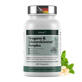 EXVital Oregano & Black Cumin Oil Complex, 180 Vegan Capsules, 100 mg Oregano Oil & 1000 mg Black Cumin Oil per Day, 80% Carvacrol, High Dose & No Additives