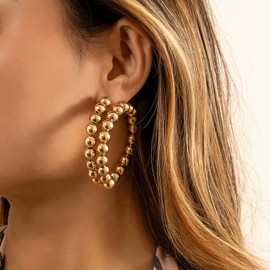 TseenYi Pearl Hoop Earrings Boho Copper Beads Oval Hoop Earrings Vintage Bead Ball Huggie Hoop Earrings Gold Chunky Beads Hoop Earrings Jewellery for Women and Girls, Alloy Steel