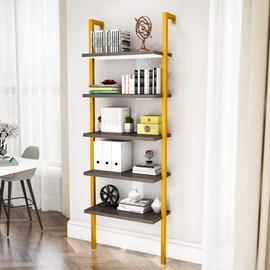 DKLGG Wall Mounted Bookcase, Industrial Ladder Bookshelf, 5-Tier Mounted Book Shelf Metal Frame Open Display Rack, Standing Leaning Ladder Storage Shelves ​for Living Room, Bedroom, Balcony, Office