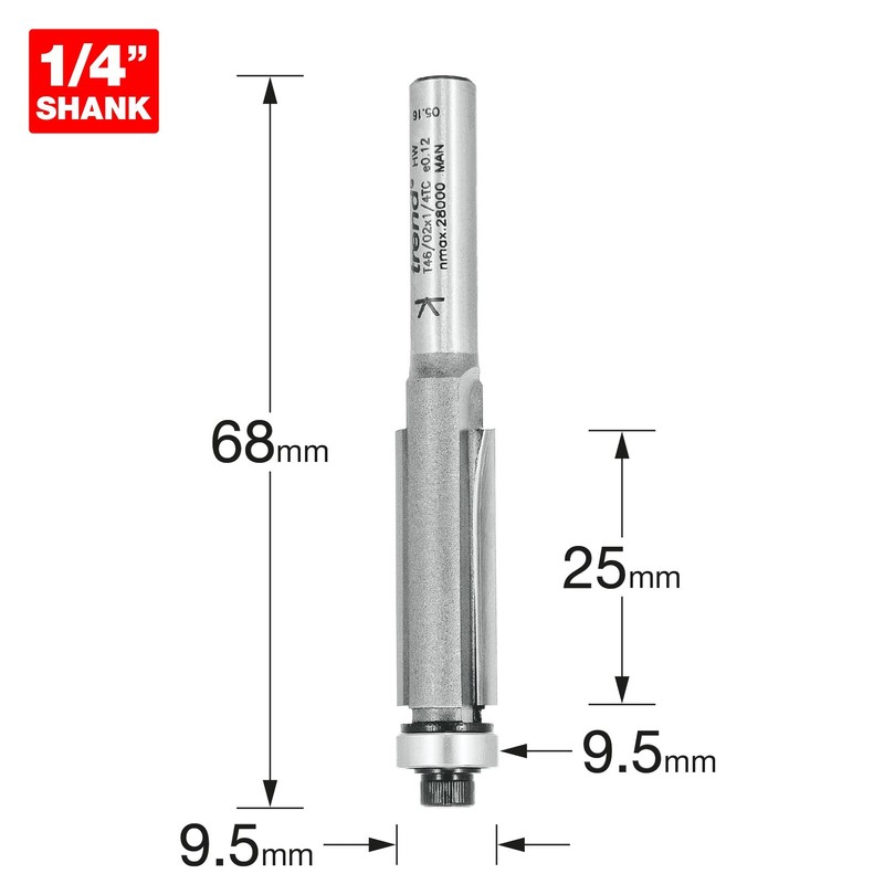 Trend Professional Bearing Guided Trimming Cutter, 1/4 Inch Shank, 9.5mm