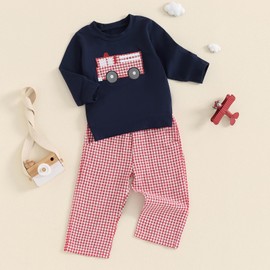 SAYOO Firetruck Outfit Toddler Boys Fire Truck Embroidered Sweatshirts Pullover Plaid Gingham Long Pants 2Pcs Fall Clothes (Blue, 2-3T)