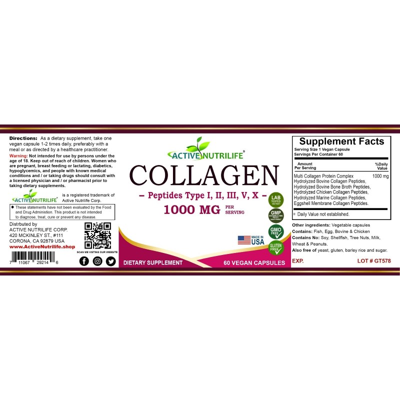 Collagen Peptides 60 Capsule 1000 MG Hydrolyzed Anti-Aging (Types I,II,III,V,X)