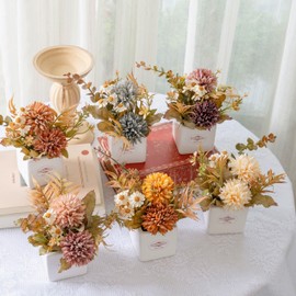 6PCS Artificial Fall Flowers with Ceramic Vases – Multicolor Small Fake Chrysanthemums & Daisies with Pot for Autumn Home Decor – Table Centerpieces for Kitchen, Mantel, Entryway or Tiered Tray