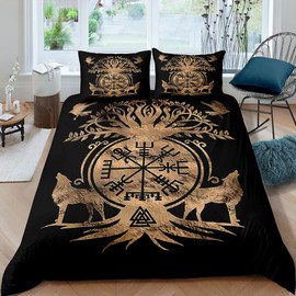 WIKINGER Bed Linen 135 x 200 cm 2-Piece Boys 100% Microfibre Summer Soft Winter Warm Children's Duvet Covers with Zip 3D Viking Tree of Life Duvet Cover with Pillowcases 80 x 80 cm