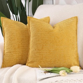Madizz Juego de 2 Suave Chenilla Decorativo Funda de cojíns de Terciopelo con Borde Neutras Fundas de Almohada Boho para Sofá Dormitorio Salón Amarillo Mostaza Cuadrado 50 x 50 cm