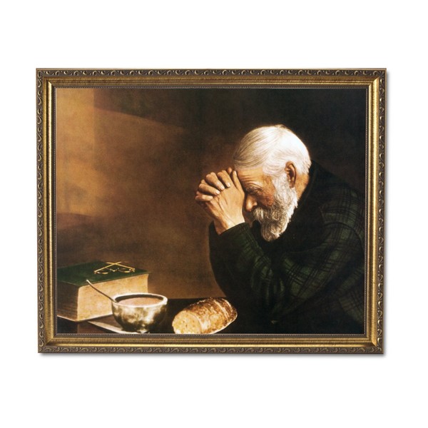 Daily Bread Man Praying At Dinner Table Grace Religious Picture Wall Art Print 16x20 with Gold Frame + Glass *Sentimental and Classic*