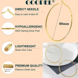 14K Gold Plated Big Hoop Earrings For Women Large Gold Hoop Earrings Hypoallergenic Sterling Silver Gold Hoop Earrings For Womens Circle 2mm Thin Hoop Extra Large Oversize Gold Hoop Earrings