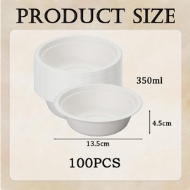 100Pcs White Paper Bowl Disposable Bowls for Parties,11.8oz/350ml Party Bowl Biodegradable Sugarcane Bowl Serving Bowl Dessert Soup Bowl Compostable Bowls Picnic Bowl Party for Hot Cold Food